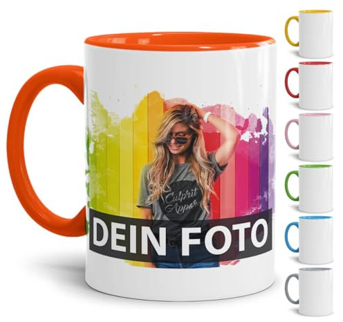 Tasse selbst individuell gestalten/Personalisierbar mit eigenem Foto bedrucken/Fototasse/Motivtasse/Werbetasse/Firmentasse mit Logo/Innen & Henkel Orange