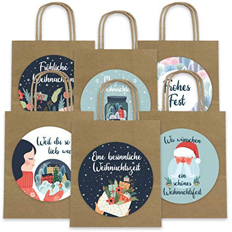Papierdrachen 6 Geschenktüten zu Weihnachten 18cm x 22.5cm x 8cm mit XXL Stickern - Weihnachtsgeschenke praktisch verpacken - Ideal zum Verschenken - Henkeltüte Motiv Mint Petrol