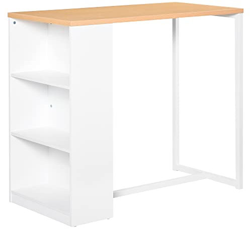 HOMCOM Bartisch Küchentisch mit 3-stöckigem Ablageregal mit Metallrahmen und Tischplatte für Restaurant, Küche und Wohnzimmer, MDF-Platte, Stahl, Weiß+Holzfarbe, 115 x 55 x 100 cm