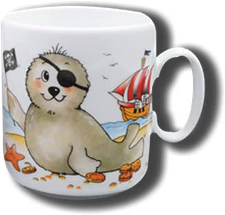 Carstens Keramik® Namenstasse aus Porzellan Seehund Pirat, Tasse mit Namen, Robbe Augenklappe, mit Gravur