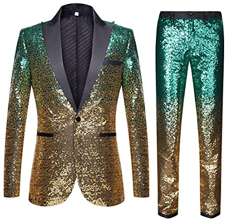 CARFFIV Herren Mode Farbverlauf Farben Pailletten Zweiteiliges Set Anzüge (S, Green Gold)