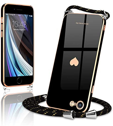 Wirvyuer Handyband Kompatibel mit iPhone SE 2022 Hülle, iPhone 7,iPhone 8,iPhone SE2020 Handyhülle mit Band zum Umhängen Kameraschutz Liebesherz Silikon Hülle für iPhone 7/8/SE2020/SE2022 Schwarz