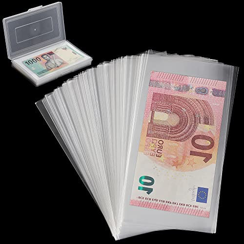 Uncle Paul 100 pièces de Pochettes en Papier Transparent pour Billets, Pochettes en Plastique pour Billets de Banque avec boîte de Rangement pour Billets Souvenirs et protecteurs d'euros PN02