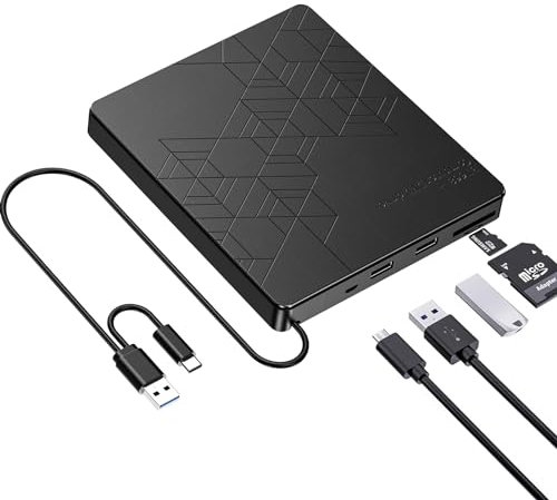 Apkezel Externes CD DVD Laufwerk, USB 3.0 Type-C CD DVD +/-RW Optical Brenner, External DVD Drive mit USB & SD/TF für Alle PC Laptop/Desktop/MacBook, Windows 10/8/7/XP/Vista/Linux/MacOS