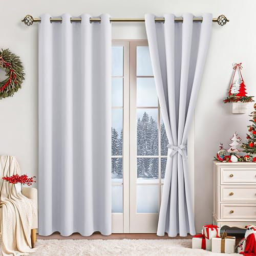 JIUZHEN Blickdicht Vorhänge Verdunkelungsvorhang mit Vorhang-Krawatten Gardinen Ösenvorhang für Schlafzimmer Wohnzimmer, Grau Weiß, 2 Stück, 200x140cm(HxB)