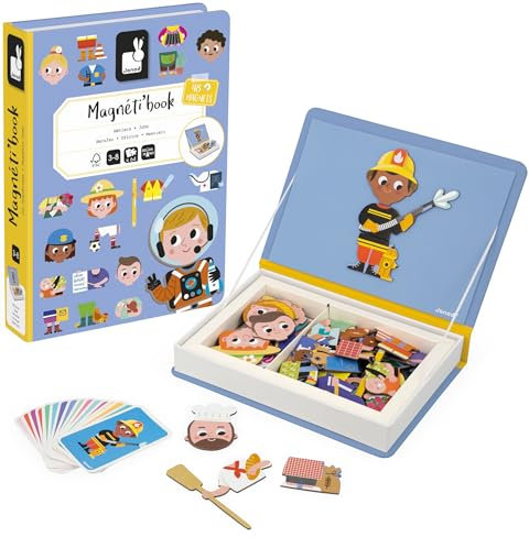 Janod Magnéti'Book Berufe-Magnetisches Lernspiel 48 Magnete + 16 Vorlagenkarten-Kinderspielzeug aus FSC-Pappe-Ab 3 Jahren, J02597, Mehrfarbig, Klein