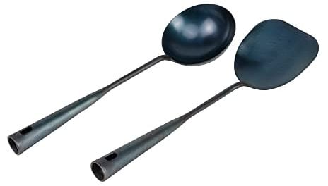 ZhenSanHuan Spatule et louche en fer traditionnel chinois fait à la main pour wok, ustensiles longs pour wok (ensemble de spatules et de 32 cm)