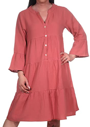 Sublevel Damen Musselin-Kleid LSL-430 Tunika mit 3/4-Ärmeln Middle Rose M/L