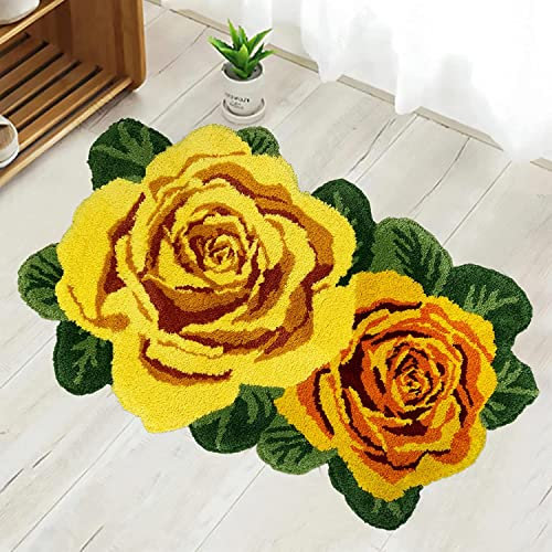USTIDE Shaggy Badezimmerteppich Rosen Badteppich Waschbar Blumen Badvorleger rutschfest Gelb Badezimmerteppich Teppich für Waschtisch Badewanne Dusche Tür Küche Hochflor