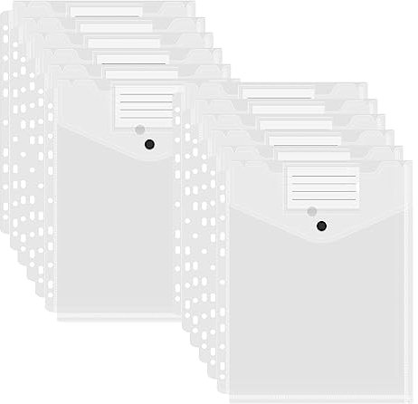 12 pack Dokumententasche A4, Transparent Kunststoff Sammelmappen mit 11 Lochrand und Etikettentasche, Sichttasche Dokumenten Mappen Brieftaschen mit Druckknopf für Lernmaterialien, Bürodokument