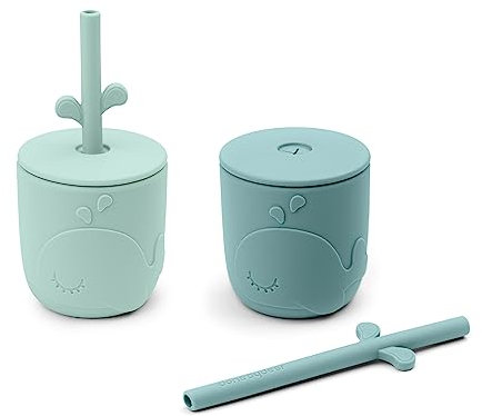 Done by Deer Peekaboo - Bicchieri con cannuccia Wally Blue, in silicone infrangibile, a prova di fuoriuscite, facili da impugnare, colore: blu