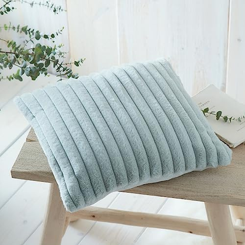 Appletree Mint Green Faux Fur Cushion (43 x 43cm) - Super Soft Fake Rabbit Fur With Filling - Sage Lined Stripe Design