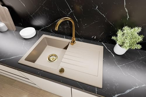 Faizee Home | Granitspüle 75x44 Küchenspüle Gold Granit Spülbecken f. Unterschränke ab 45 cm inkl.Siphon Set