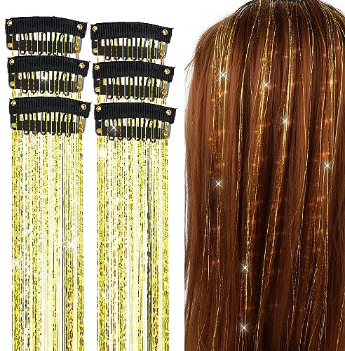 Ouligay 6 Stück Glitzer Haarsträhne Bunte Haare zum Einflechten Extensions Haarverlängerung Haarsträhnen für Frauen Mädchen Kinder Haarlametta Haarextension Kit