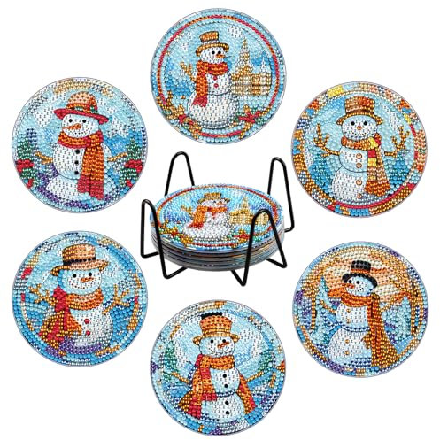 AIRDEA 6 Teilige Diamant Malerei Untersetzer, DIY Weihnachten Untersetzer, Schneemann Diamant Malsets für Erwachsene, Kinder, Anfänger, Getränke Untersetzer, 5D Diamant Kunst Untersetzer Bastelbedarf
