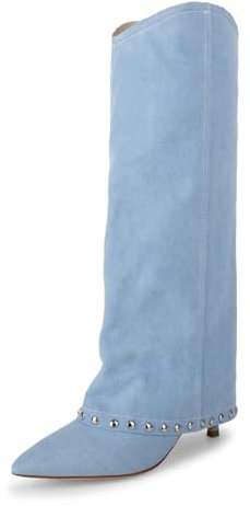 wetkiss Kniehohe Stiefel für Damen, umklappbare Stiefel mit seitlichem Reißverschluss und Nieten-Design, stilvoll und trendig, Denim Blau, 41 EU