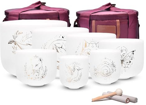 Alioth 8-14 inch Set of 7 Malady Of Nature Crystal Singing Bowls with Heavy Duty Carrying Cases and Singing Bowl Mallets