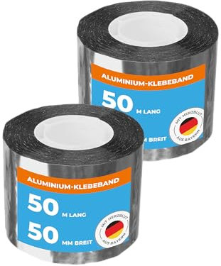 Alu PP Klebeband 50m x 50mm hitzebeständig | 2 Rollen wasserdichtes Alu Klebeband zum Reparieren Abdichten und Dämmen | Isolierband Abdichtung gegen Feuchtigkeit & Isolierung für Rohre