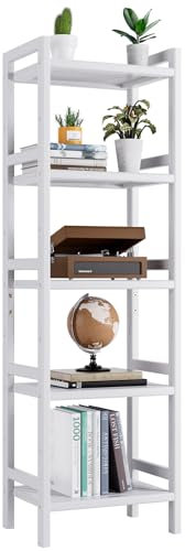 HITNET White Bamboo Bookshelf, Tall Narrow Bookcase 5-Tier Freestanding Bathroom Storage Shelf, Space Saving Plant Display Stand with Adjustable Shelves