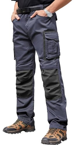 Vthereal Arbeitshose Herren Arbeitshosen Männer mit vielen Taschen und extra verstärktem Bundhose mit Kniepolster-Taschen Cargohose, Grau, M