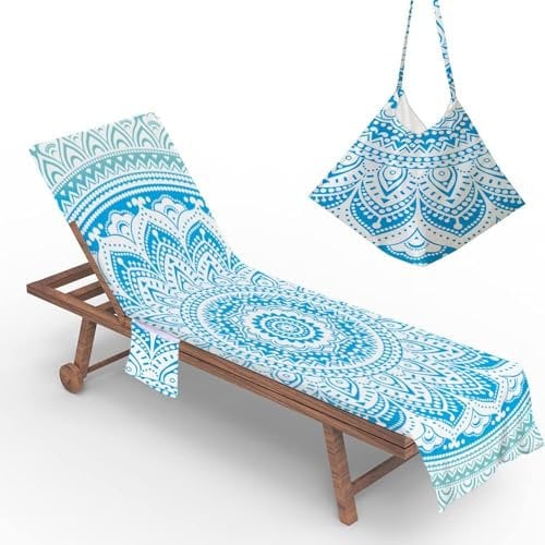 YeGang Beach Towel with Pockets, Beach Chair Cover Towel, Classic Mandala Totem Print Microfiber Portable Holiday Sun Lounger Towel for Swimming Pool SPA Travel (73x210cm,Light Blue)