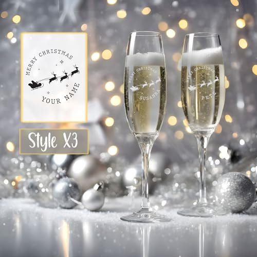 So Bespoke Personalised Champagne Glass Prosecco Flute Engraved Christmas Glass Festive Gift Idea for Her at Xmas (Style X3)