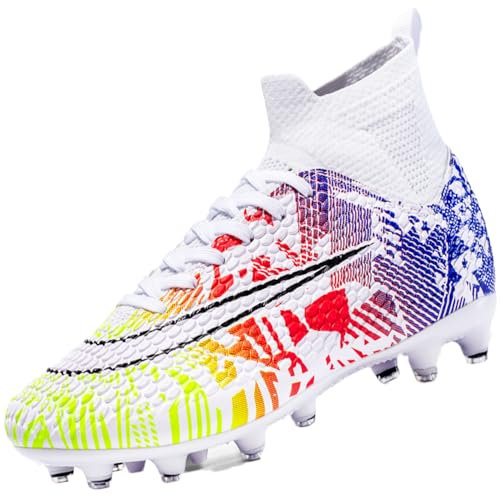 VTASQ Scarpe da Calcio Uomo Erba Tacchetti Teenager Adulto Training Alte Scarpe da Calcetto Spike Professionale Bianco-2 30EU