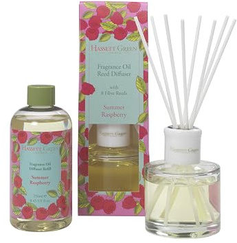 Hassett Green London - Summer Raspberry Reed Diffuser & Refill Set - 100ml Glass Diffuser with 8 Fibre Reed Sticks + 250ml Fragrance Oil Refill