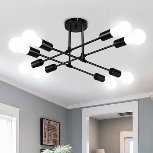 SERBASIC Sputnik Ceiling Light Ceiling Lights Fittings with E27 Base,Black Modern Chandelier for Farmhouse Kitchen Dining Room Bedroom Study Living Room(No Blub),Adjustable 8 Light