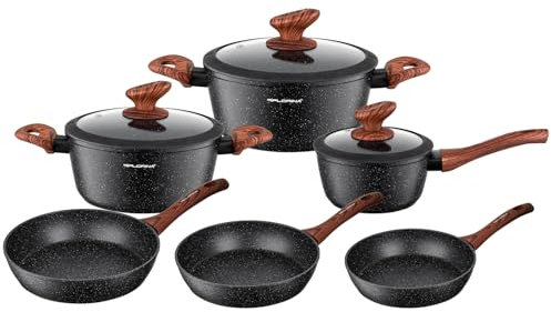 FLORINA MASTER BLACK Set di Pentole e Padelle | 6 pezzi | Alluminio di qualità | Coperchi in vetro temperato con sfiato | Induzione, gas, elettrico, ceramica | Lavabile in lavastoviglie | Set completo