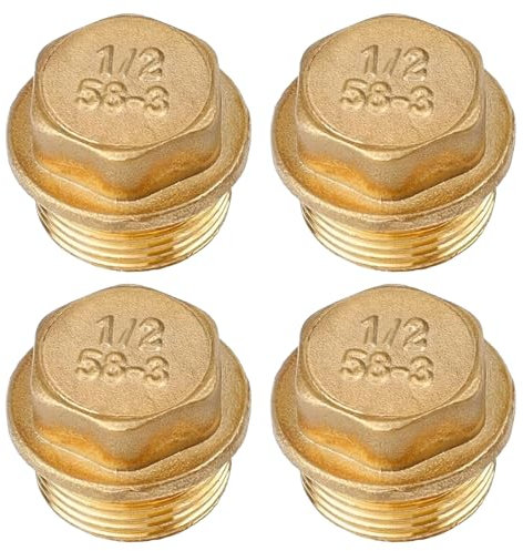 4 Messing-Blindstopfen, G1/2“ (Ø20mm), Messing-Sechskant-Schlauchkappe, Messing-Endstopfen für Rohrverbindungen, Außengewindefittings für Wasserleitungen (Stopfen Ag, 1/2)