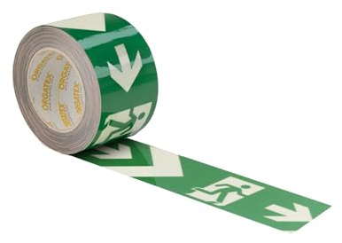 ORGATEX Nachleuchtendes Fluchtwegband, rechts, 10 m x 50 mm | Photolumineszierend; selbstklebend; Richtungspfeile für Flucht- und Sicherheitswege; sichtbar bei Stromausfall