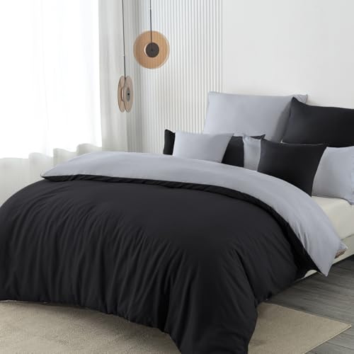 Nesture Bettwäsche 155x220 2teilig Mikrofaser, Schwarz/Grau | 1x Bettbezug 155x220 + 1x Kissenbezug 80x80cm mit Reißverschluss, Bettwäsche-Sets Wendebettwäsche, weich & bügelfrei