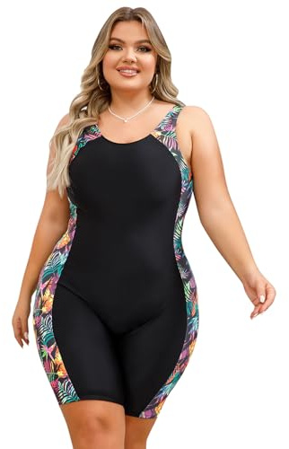 EFOGEP Plus Size Swimwear for Women: Ladies Swimming Costume Long Sleeve Zip Up Rash Guard High Stretchy Boyleg One Piece Swimsuit Surfing Modest Bathing Suit with Chest Pads Black & Leaf 4XL