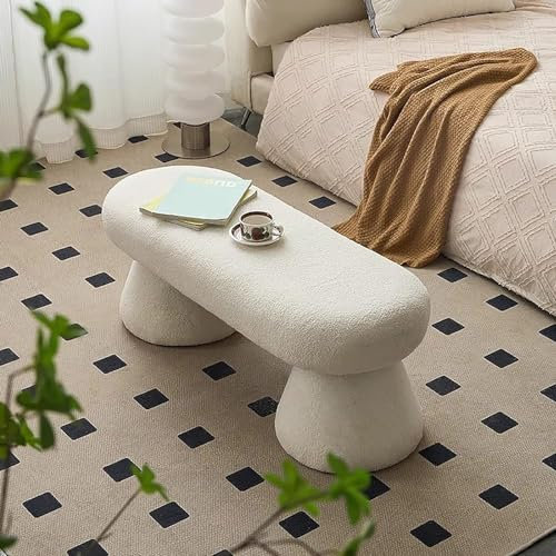 Moderne Boucle Polsterbank mit Sherpa und Fußstütze für den Eingangsbereich, Weiß