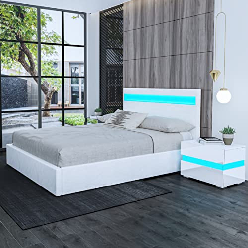 Ottoman Bed, King Size Upholstered Bed Frame 5ft Ottoman Storage Bed Gas Lift with LED Lights Faux Leather Bed Bedroom Furniture White
