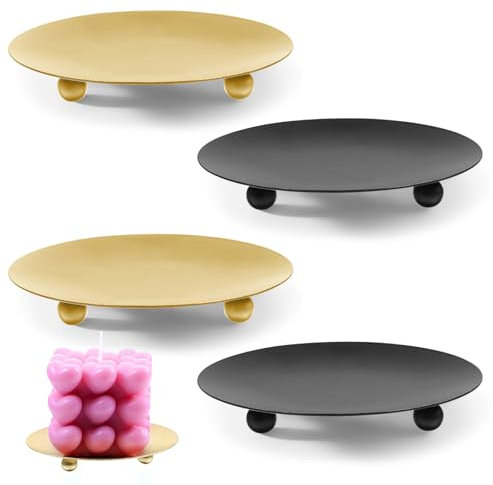 Oruola 4pcs Candle Plates and Trays,Candle Holder,Candles Plate,Round Metal Pillar Candles Holder Plates for Thanksgiving,Wedding,Party Decoration and Dinner (Black,Gold)