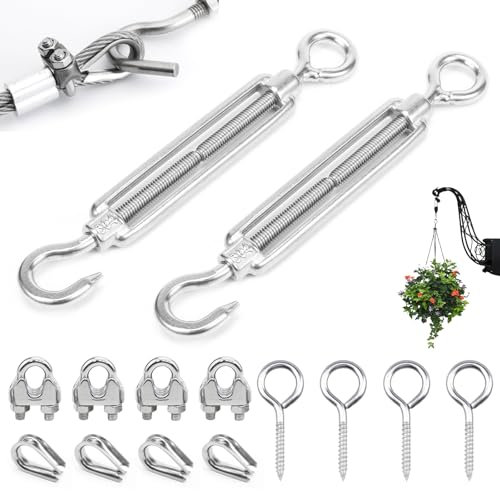 Seilspanner Edelstahl M6, 2 Stück Drahtspanner Spannschlöss mit Haken Öse 4 Stück Drahtseil Kauschen 4 Stück Seilklemmen 4 Stück Ösenschraube für Seil Sonnensegel Seilsystem Gartendraht Zaunspanner