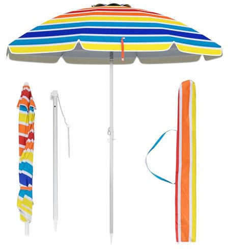 RELAX4LIFE Sonnenschirm Strand, Sonnenschutz, UPF 50+, Strandschirm Windfest Stabil, Ø 198 cm Rund Gartenschirm, Marktschirm 30° knickbar, Terrassenschirm mit Bodenhülse & Schutzhülle (Bunt)