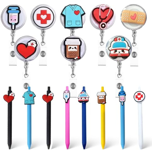 16 Pezzi Porta Badge, include 8 Porta Badge Retrattile da Infermiere e 8 Penne per Accessori da Infermiera, che lo Rendono un Regalo Premuroso per Infermieri e Medici