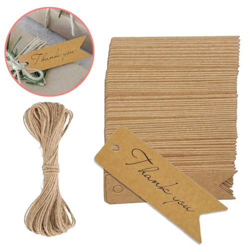 Qtksceadlnce 100PCS Etiquetas Regalo de Papel Kraft, Etiquetas Personalizadas Incluye 20M de Cuerda de Yute para Decoración Para Regalos de Boda Artesanía Navidad Cumpleaños