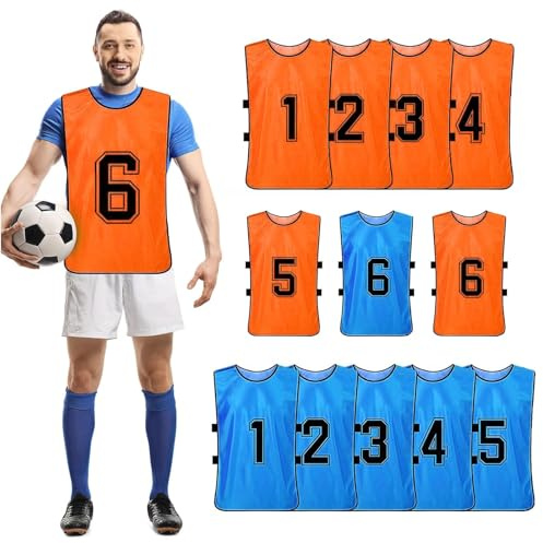 Lot de 12 Chasubles de Football Réversibles Numérotées pour Adultes – Gilets d’Entraînement Respirants pour Sports d’Équipe Foot Basket – Taille XL – Orange/Bleu