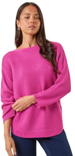 Roman Petite Curve Hem Knit Jumper for Women UK - Ladies Everyday Autumn Winter Round Neckline Comfy Soft Evening Vacation Work Party Night Out - Petite Pink - Size 14
