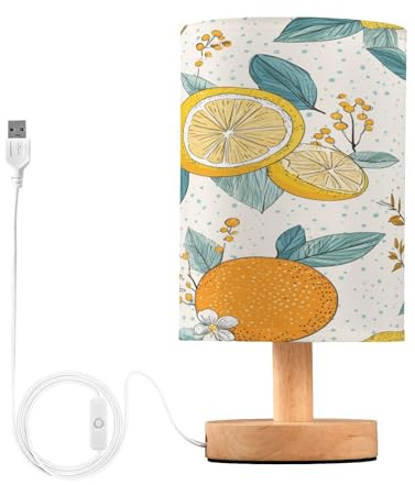 Cgiub Fruit Orange Bedside Table Lamp for Bedroom LED Nightstand Lamp Desk Reading Light with Fabric Shade Wood Base & USB Port for Office Living Room Nursery Decor