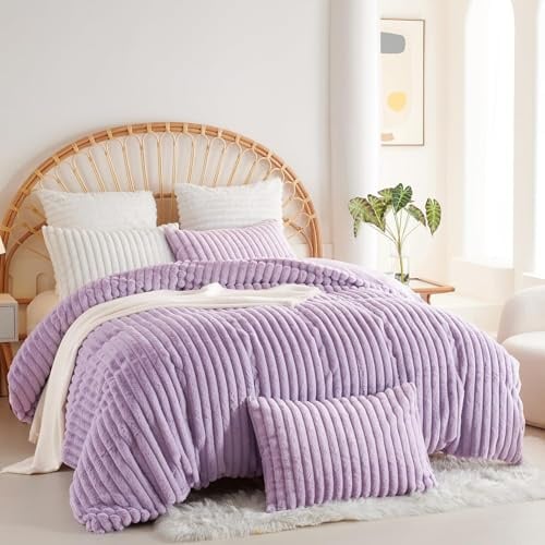 Plüsch Bettwäsche 220x240 Lila Gestreift Winter Warm Shaggy Cashmere Touch | Winterbettwäsche Set, Kuschel Fleece Flanell Kunstfell, Flauschige Biber Bettbezug und 2 Kissenbezug 80x80 mit Reißverschluss