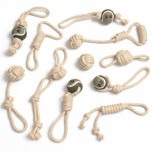Mythonic Pawish Play Dog Rope Toys Variety Pack (12-Piece Set) – Cotton Rope Tug & Fetch Toys with Knots & Tennis Balls – Interactive Play Set for Puppies & Small, Medium & Large Dogs