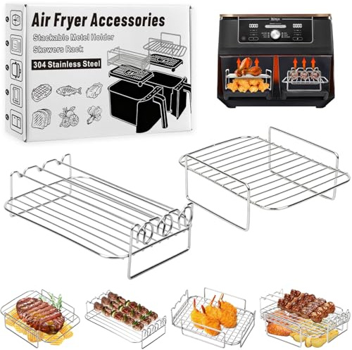Heißluftfritteuse Zubehör Stapelbare Grillrost für Dual Zone Airfryer 7,6L–10,4L, Edelstahl Grillen Einsätze kompatibel mit Ninja, Cosori, Russell Hobbs andere Dual Zone Air Fryer