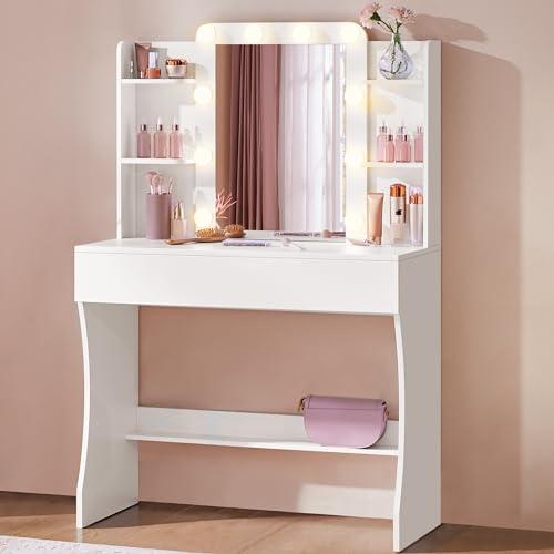 Yaheetech Toeletta Trucco con 10 Luci LED e Specchio | 3 Colori Regolabili e 9 Modalità di Illuminazione Tavolo da Trucco con 1 Cassetto Grande e 5 Mensole (Bianco)