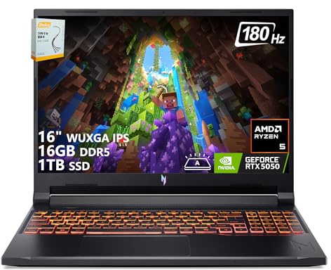 Acer Nitro V 16 AI Gaming Laptop | 16 WUXGA IPS 180Hz | AMD Hexa-Core Ryzen 5 240 | 16GB DDR5 1TB SSD | GeForce RTX 5050 8GB DLSS4 (fino a 440 AI Top) | Tastiera retroilluminata Win11 con accessorio