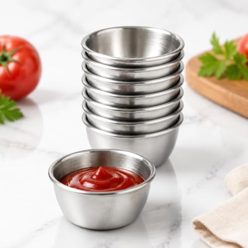 Xygobla 8Pcs Stainless Steel Sauce Cups Set | 2oz 52ml Mini Reusable Metal Condiment Dipping Bowls, Small Ramekins for Portion Control, Sauces & Party Use